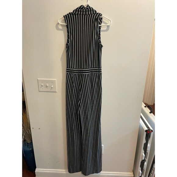New York & Co. Striped Sleeveless Collared Jumpsuit Black White Small Chic Women - Picture 3 of 11